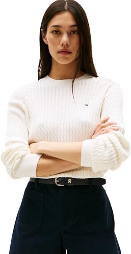 Tommy Hilfiger Donna Pullover Cable Fine Motivo a Trecce, Bianco (Ivory Silk), XXXL
