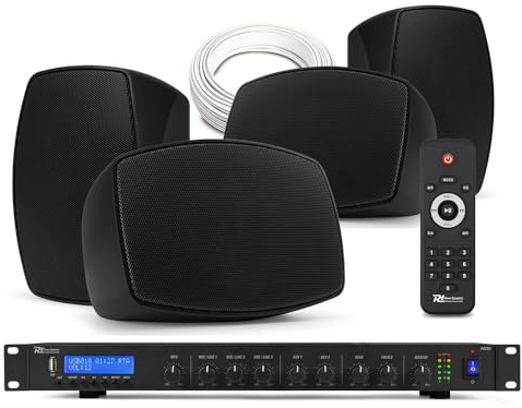 Power Dynamics 4x PD BHW30BK Wall Mounted Weatherproof Outdoor Speakers with PDC90 Media Amp, Bluetooth & DAB+ Tuner, Commercial Music System for Restaurant, Cafe & Bar