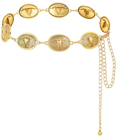 Eigso Retro Bull Head Concho-bälte för kvinnor västerländsk stil kedjebälte för cowgirl cowboy, Guld, L