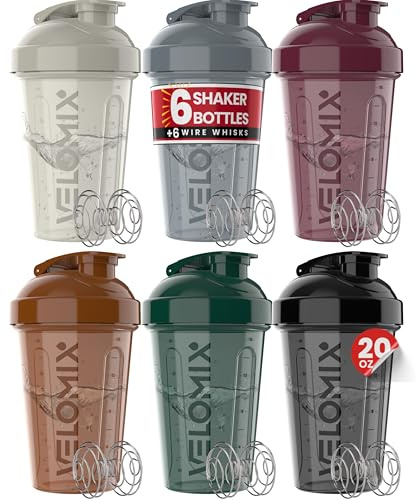 VELOMIX -6 PACK- Shaker Cups for Protein Shakes 20 oz - 6x Wire Whisk | Leak Proof Protein Shaker Bottle for Protein Shakes, Shaker Bottle Pack for Pre & Post Workout, Shaker Cup (Mood Tones)
