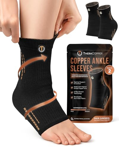 TheraCopper Copper Ankle Brace (2 Pack) — Compression Ankles Brace for Men & Women — Infused Copper Ankle Sleeve Compression Support for Pain Relief, Swelling, Sprains, Achilles Recovery & Sports (Medium)