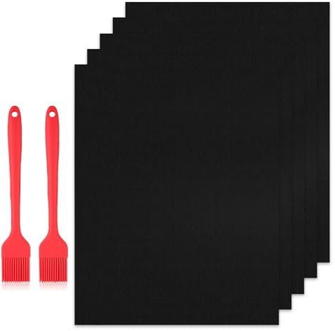 BNGXR Papel de Horno Teflon Reutilizable, 5 Piezas Estera de Barbacoa, Grill BBQ Mats, Tapete para Horno Resistente al Calor, para Gas, Carbón, Parrilla, Carne, Pescado, Verduras, con Cepillo (50x40)
