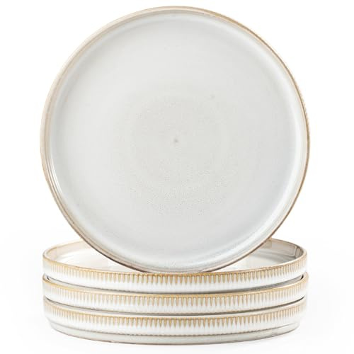 CULIVORA Dinner Plates Ceramic Set 4 Piece – 9.8 Inch Plates with Raised Rim, Microwave & Dishwasher Safe, Beige Tableware