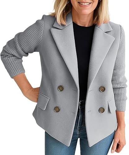 FYHTC Cappotto Corto da Donna in Misto Lana, Blazer in Maglia Autunnale con Rever, Doppio Petto(Gray,Medium)