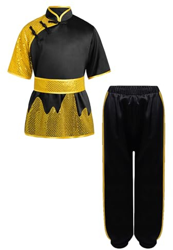 LiiYii Vêtement Tai Chi Kung Fu Chinois Pour Enfant Et Adolescent Costume Traditionnel Chinois Wushu Tenue Kung Fu Chemise Manches Courtes Pantalon Large Sportswear Noir 13-14 ans