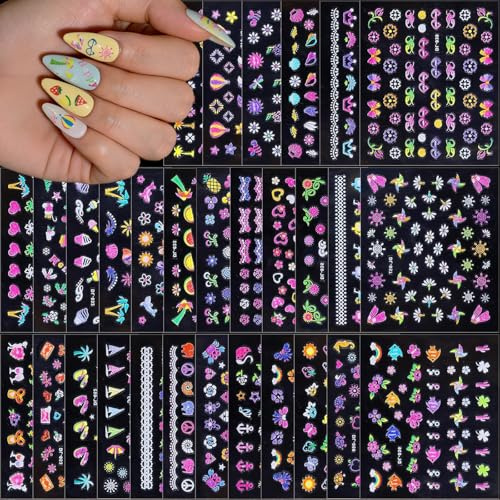 BelleFlair 30 feuilles autocollants à ongles pour enfants auto-adhésifs, ensemble de stickers nail art glitter 3D, motifs fleurs fruits cœurs colorés, stickers printemps été pour ongles, décoration