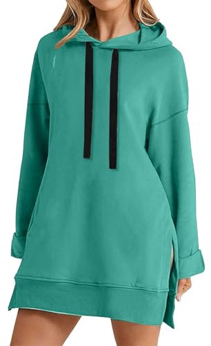 Générique Mi-lång huvtröja dam huvtröja huvtröja med dragsko sweatshirt sidoslits toppar enfärgad tröja vår höst jacka avslappnad huvtröja, Färg: grön, XXL