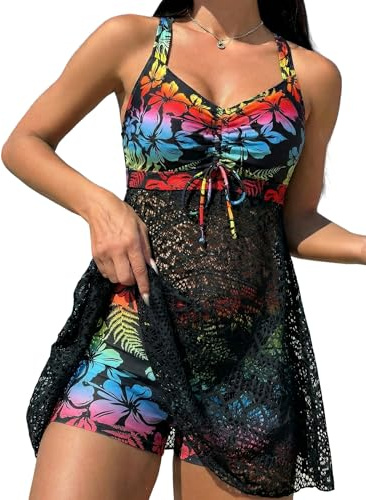 ZAFUL Tankini Swimsuits for Women Lace Drawstring Two Piece Bathing Suits Flowy Swim Tops with Boy Shorts(2-Floral,L)