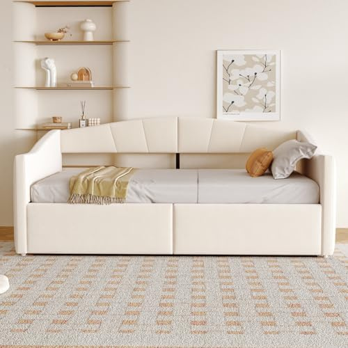 PUGSDRLY Canapé-lit rembourré 90 * 200 cm, Cadre de lit Simple Multifonctionnel avec Support hydraulique, équipé d'un sommier à Lattes et d'accoudoirs, recouvert de Tissu Velours,Beige