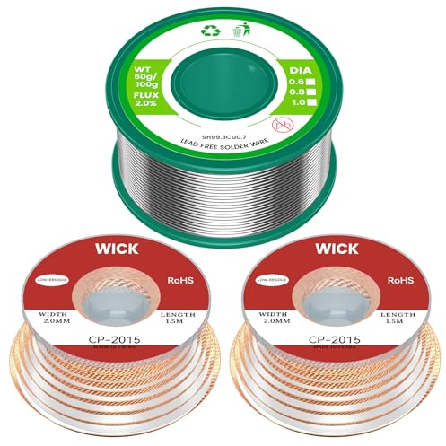 Lötzinn & Entlötlitze Set – Bleifreier Lötdraht mit Kolophoniumkern, Lötzinn Elektronik (Sn99,3Cu0,7/0,8mm/50g) + No-Clean Entlötdocht (2,0mm/1,5m/2 Stk) zum Löten & Entlöten