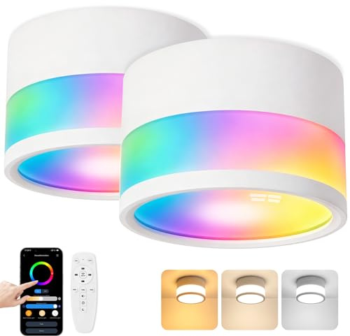 URing 4x Foco LED Techo Superficie RGB Dimmable, IP65 Focos Techo con Aplicación de Control Remoto, Lámpara de Techo de 12W, Blanco, 2700K-6500K, Plana, Aluminio, 230V, Redondo, para Salón, Ø10,9cm