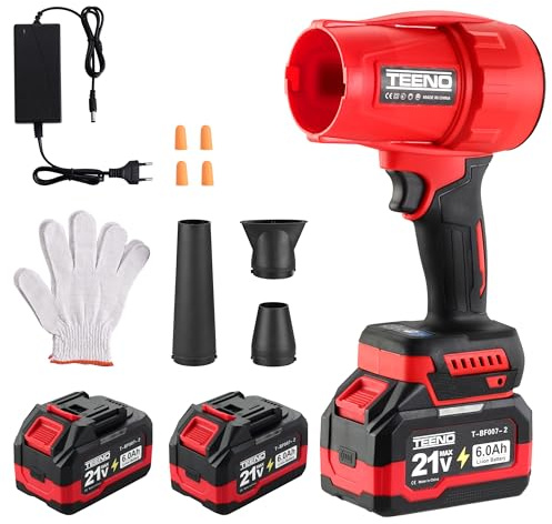 Soplador de hojas inalámbrico TEENO, 35000 RPM 2 x 6,0 Ah baterías, cargador y 3 boquillas incluidas, tres modos de velocidad, compatible con baterías Makita, ideal para terraza, callejones y jardín