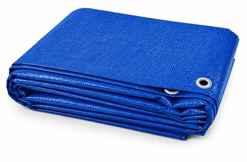 4ft x 6ft Blue Tarpaulin Waterproof Heavy Duty (1.2m x 1.8m) Cut Size Tarpaulin Sheet with Reinforced Eyelets | UV/Tear Resistant Multipurpose Weatherproof Tarp for Garden, Farming and Camping