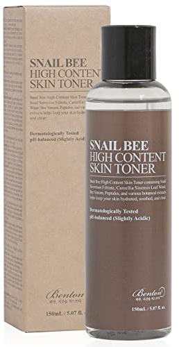 Benton Snail Bee High Content Skin (Toner) 150ml (5.07 fl. Oz.) - Tónico hidratante y calmante para grasas con filtrado de secreción de caracol y agua de té verde para grasas