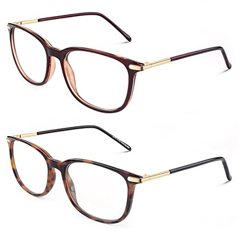CGID Fake Glasses Men Women,High Fashion Metal Temple Horn Rimmed Clear Lens Glasses Frame,Full UV400 Protection CN79,2 Pack