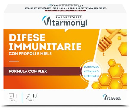 Difese Immunitarie - Formula Complex - Con Propoli e Miele - Arricchito con Acerola, Vitamina C e Vitamina D - Supporto Immunitario - Benessere Vie Respiratorie - 10 fiale - Vitarmonyl