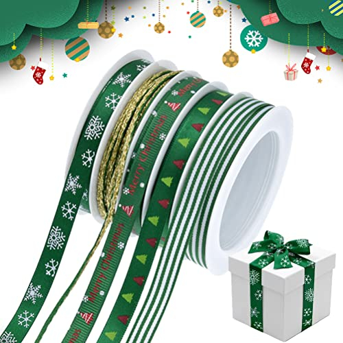 Nastro Natalizio per Confezioni regalo, Nastri Natalizi Verde per artigianato 10mm Largo, Nastri Natalizio per Decorazioni Creazione di fiocchi e ghirlande Nastro Decorativo per Albero di Natale