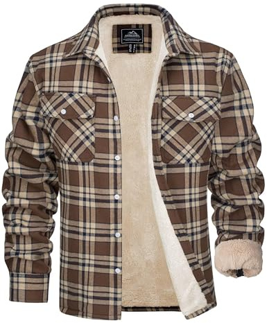 MAGCOMSEN Chaqueta de invierno para hombre, con forro térmico, a cuadros, camisa de ocio con múltiples bolsillos, de algodón, cálida, marrón, XL