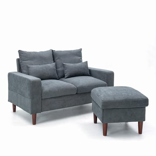 Panana Modern Loveseat Sofa Couch with Footstool Chaisefor Living Room, Fabric Love Seat Wooden Legs, 2 Seater Sofa Couches for Small Spaces, Bedroom, Apartment(Grey, 2 Seater)