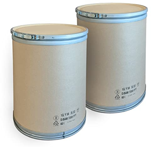 plasteo® Das ÖKOFASS 2x 60 Liter Deckelfass Fibertrommel Papptrommel zur Aufbewahrung von Lebensmitteln BPA-Frei | Lebensmittelzulassung Gefahrgutzulassung