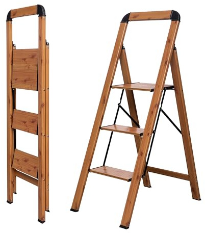 BIBKOKE Escalera Plegable de Aluminio con Acabado de Grano de Madera, 3 escalones, Pedal Ancho, Antideslizante, portátil, Resistente para el hogar y la Cocina, Oficina, 330 Libras