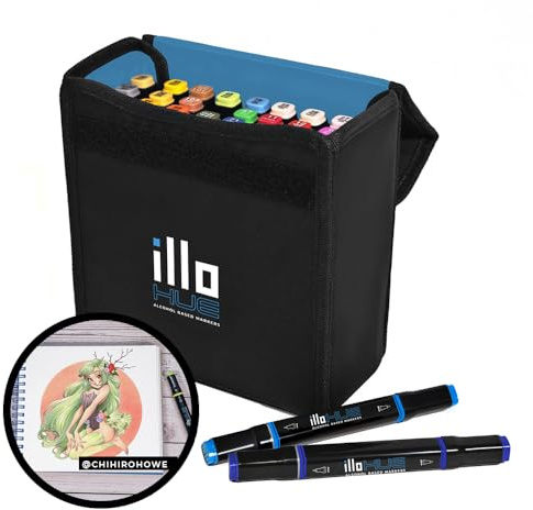 illo Sketchbook HUE Markers 36 Colors Double Ended Brush Tips with Portable Bag, Non Toxic, Blendable, permanent, Dual Brush Tip, Alcohol Based for Adult Coloring