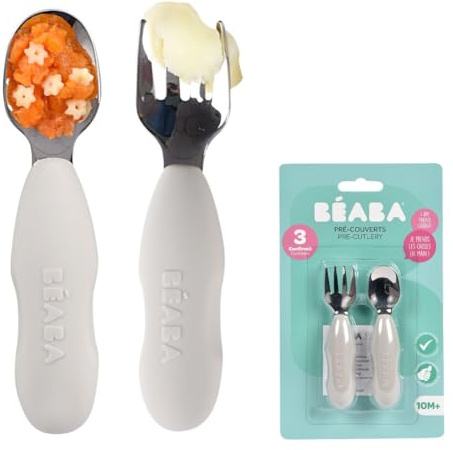 BEABA, Set di 2 posate in acciaio inox e silicone, Posate per bambini, Posate per bambini, A partire da 10 mesi, Forma ergonomica, Impugnatura ergonomica, Posate per l'apprendimento, Grigio velluto