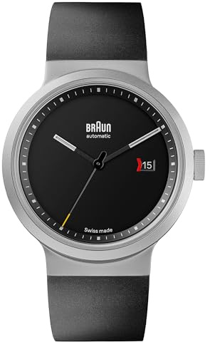 Braun schweizisk fabrikat 3-visare automatisk analog klocka med datum, svart urtavla och svart gummiarmband, 40 mm rostfritt stål, modell BN0279SLBKG, svart, Rem