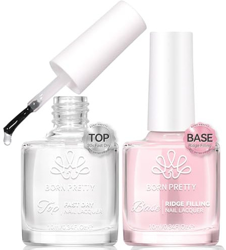 BORN PRETTY Base & Top Coat Nail Polish, Quick Dry Basic Clear Nail Varnish, High Shiny Glossy Air Dry Long-Lasting Nail Polish Hard & Chip Resistant Finish, No Need Cure 10ml*2