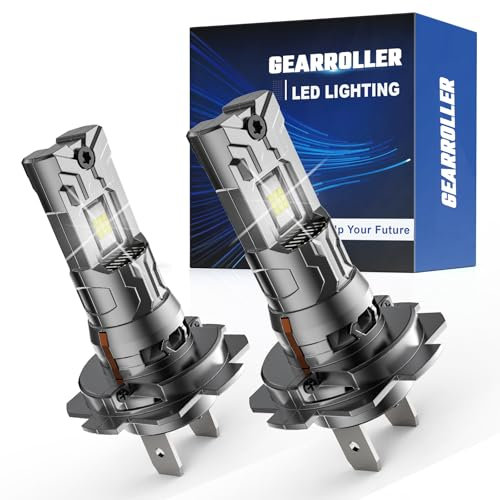 GEARROLLER H7 LED Headlight Bulbs, 500% Brighter 20000LM Real 1:1 Mini Size H7 LED Bulb Non-Polarity No Adapter Required 6500k Cool Whtie Fog light Bulbs Plug and Play With Turbo Fan, Pack of 2