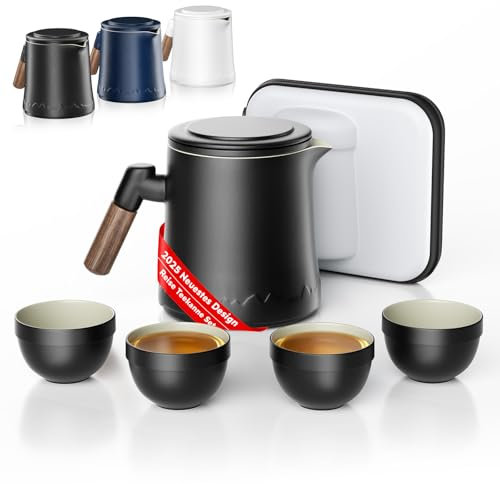 Reise Teekanne Set mit Tragetasche, Reise Teebecher und Tassen mit Deckel, tragbare Keramik Tee Set Teeservice Alles in einer Geschenktasche für Reisen, Zuhause, Geschenk, Outdoor und Büro (schwarz)