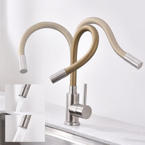 SUVIDA Robinet d'évier de cuisine, Robinet Cuisine Flexible avec 2 Types de Jet d'eau, Mitigeur Cuisine Doré Orientable à 360°, Monocommande Haute Pression, Économie d'eau