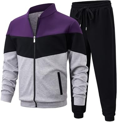 UOUA Men's Tracksuits Set Full Zip Jacket & Sweatpants 2 Piece Athletic Jogging Suits Casual Sports Color Block Outfit Purple Grey 3XL