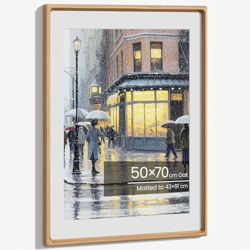 50x70cm Frame, Natural Solid Oak Wood Poster Frame Large Picture Frames Handcrafted 50x70cm Frames Matted to 43x61cm Photo Hang Portrait or Landscape for Wall Gallery Decor with Tempered Glass