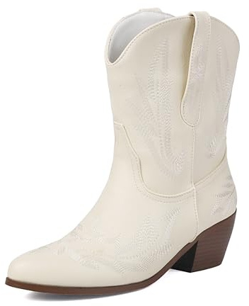 Lroey Reoly Mujer Block Tacón Medio Botas de Media Pantorrilla Puntiagudo Cowboy Dx980 Blanco Talla 40 EU