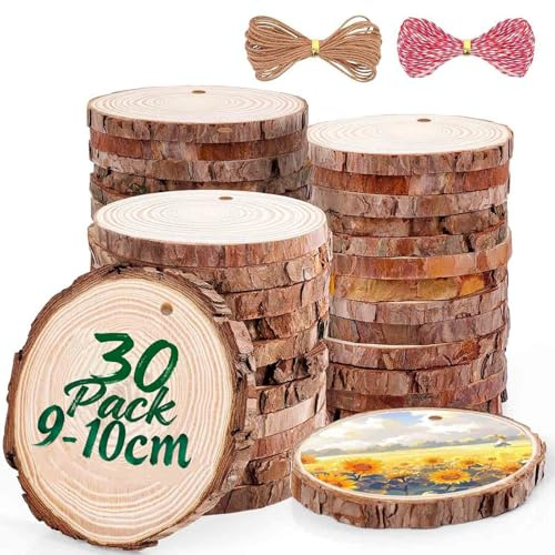 30PCS Natural Wood Slices 9-10cm Log Slices Unfinished Predrilled Wooden Discs for Crafts, Wooden Circles with Hole and Jute Twine Tree Slices with Bark for DIY Arts Christmas Craft Ornaments