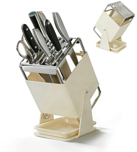 Cream Carbon Steel Kitchen Knife Holder, 30° Rotating Universal Knife Block with 9 Slots, Safe Slant Insert & Drip Tray for Multiple Knives