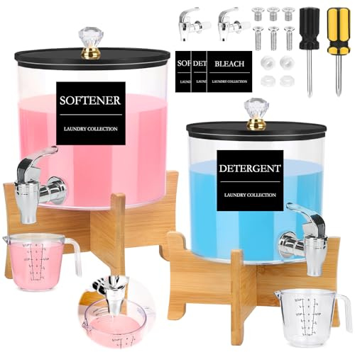 Laundry Detergent Dispenser Set 2 Pack Large & Small Liquid Laundry Soap Dispensers with Bamboo Stands Acrylic Laundry Detergent Containers Total Capacity About 1.25 Gallons Laundry Room Organization