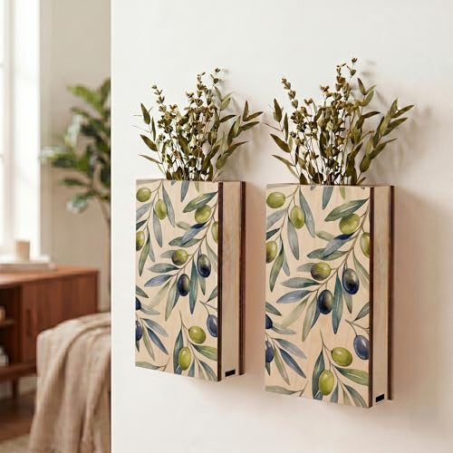 ZYZX 2 Pack Wood Wall Planter Vase, Farmhouse Style, Wall Hanging Pocket Planter for Indoor Dried Flowers and Greenery, livingroom Bedroom Kitchen Home Office Decoration (olive)