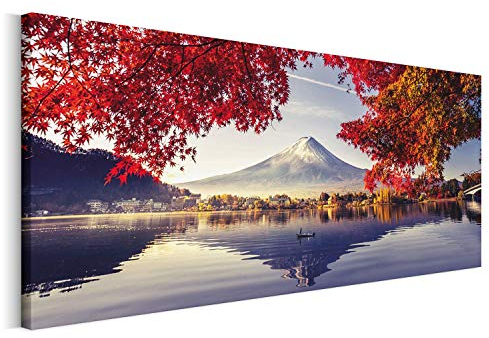 Revolio 150x60 cm Panorama Bilder Leinwandbild Wandbilder Wohnzimmer Modern Kunstdruck Design Wanddekoration Deko Bild auf Leinwand 1 Teilig - Japan Berg Fuji rot Blau
