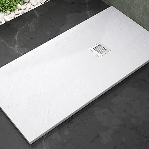 Plato de ducha Stone Coat - Carga Mineral con Resina recubierto de Gel Coat Válvula y Rejilla incluido. (80 x 120 cm, Blanco)
