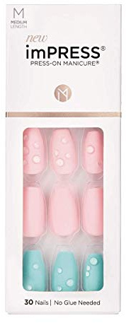 KISS imPRESS – Manucure à presser, goutte de rosée, carré de longueur moyenne, avec technologie PureFit, tampon de préparation, mini lime, bâton à cuticules et 30 faux ongles