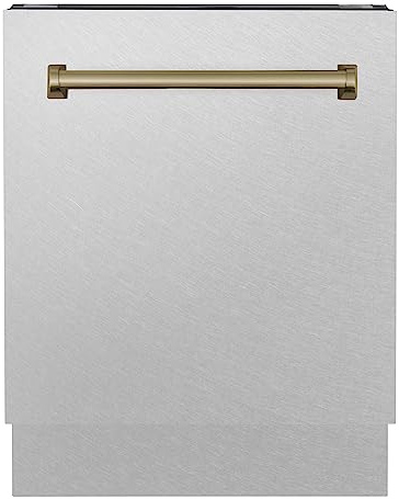 ZLINE Autograph Edition 24 in. Tallac Series 3rd Rack Top Control Built-In Tall Tub Dishwasher with Satin Stainless Steel Panel and Champagne Bronze Handle, 51dBa (DWVZ-SN-24-CB)