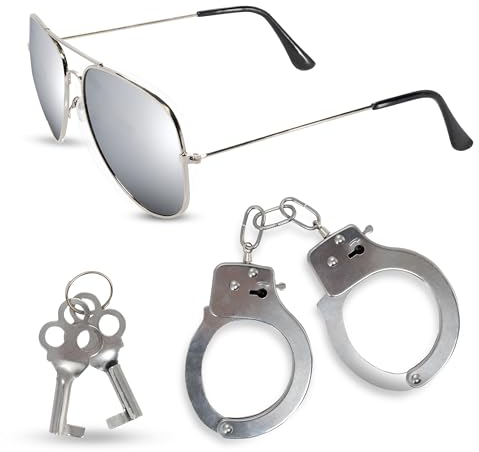 Oramics Handschellen und Polizeibrille für Kinder, Polizei Handschellen aus Edelstahl mit 2 Schlüssel verspiegelte Sonnenbrille für alle Räuber Gangster Spiele Fasching und Karneval (2x Silber)