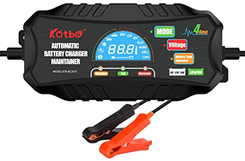 KATBO 4Amp Battery Charger, battery Maintainer 6V 12V 24V car battery charger, trickle charger for Car battery, Motorcycles, Lawn Tractors, Marine AGM, GEL, SLA,WET (LCD digital display)