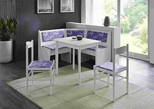 wonido Truhen-Eckbankgruppe, Melamin Dekor BZW. Buche weiß; Eckbank, 2 Stühle und Vierfußtisch; Bezug: Mikrofaser blau weiß Gemustert; variabel aufbaubar