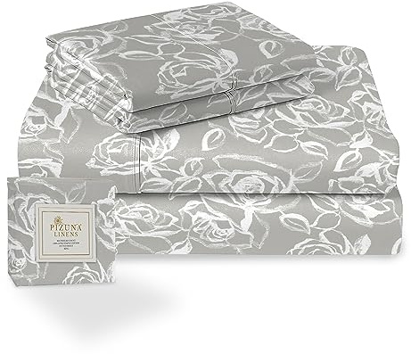 Pizuna Cotton Floral Silver Print Bedding Sets Super King 400 Thread Count | Simply Printed 100% Long Staple Cotton Sateen Bed Sheets Includes 1 Fitted Sheet Flat Sheet 2 Pillowcases