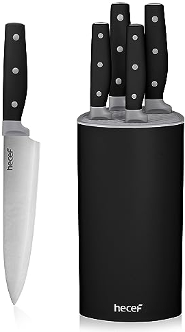 hecef Cuchillos Cocina Profesional, 6 Piezas Juego de Cuchillos de Cocina con Bloque Universal para Cuchillos, Cuchillos Acero Inoxidable con Mango de Triple Remache (Negro)