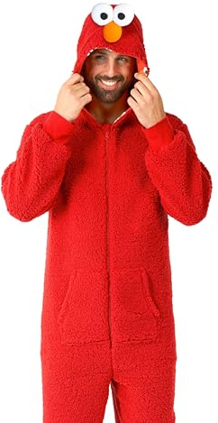 OppoSuits Erwachsene Unisex Elmo Onesie - Sesamstraße Einteiliger Schlafanzug - Lose Passform - Inklusive Taschen - Rot