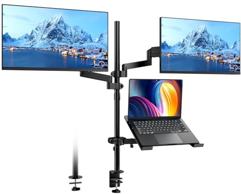 PUTORSEN Supporto Doppio Monitor Braccio con Vassoio per Laptop per Schermi LED LCD da 17 a 32 Pollici e Notebook Fino a 17 Pollici, Ergonomico Braccio Monitor con Morsetto, 2 Opzioni di Montaggio